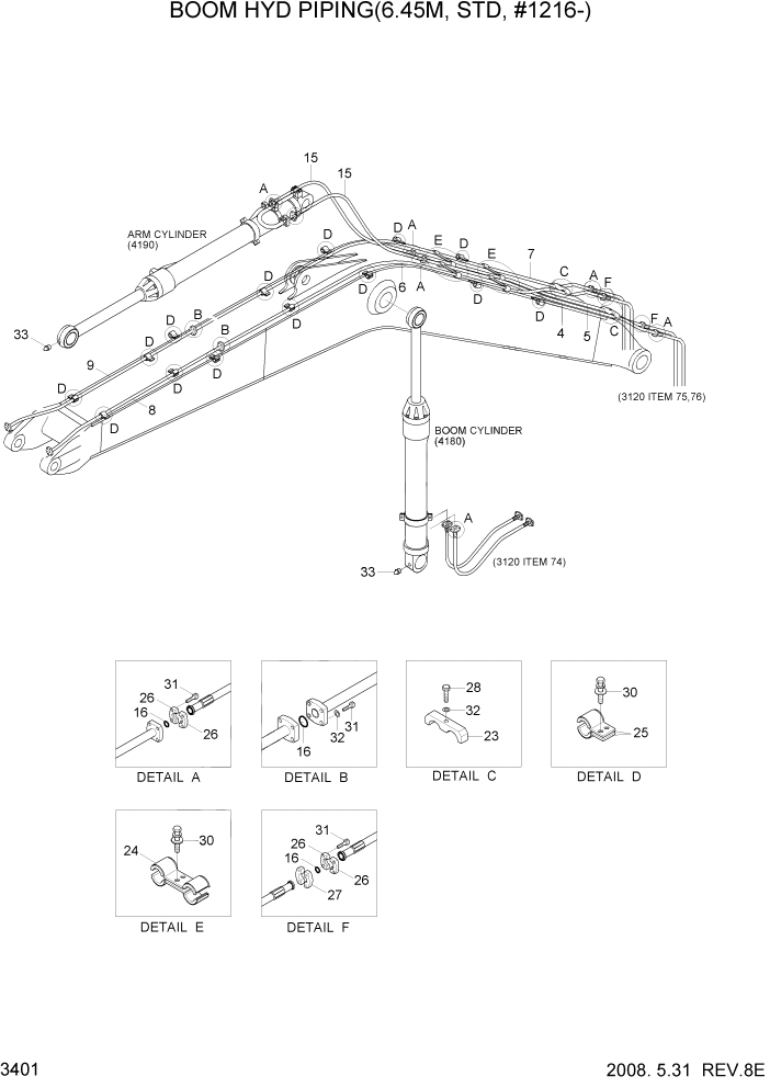 Схема запчастей Hyundai R320LC7 - PAGE 3401 BOOM HYD PIPING(6.45M, STD, #1216-) ГИДРАВЛИЧЕСКАЯ СИСТЕМА