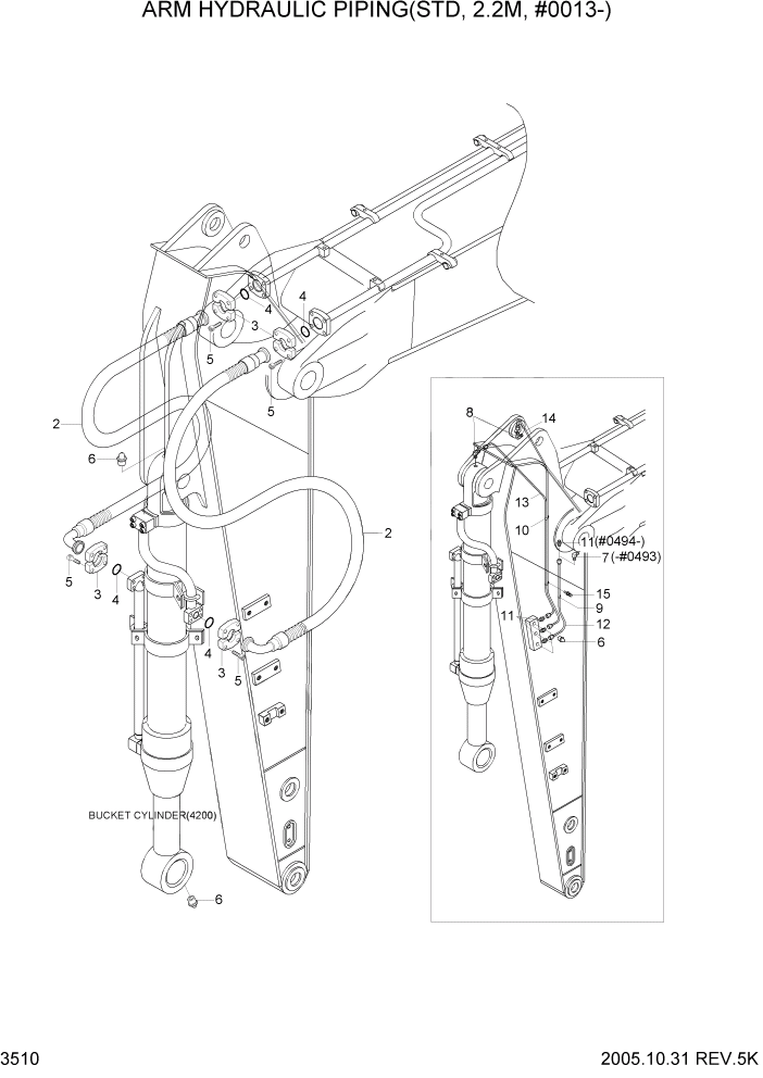 Схема запчастей Hyundai R320LC7 - PAGE 3510 ARM HYDRAULIC PIPING(2.2M, #0013-) ГИДРАВЛИЧЕСКАЯ СИСТЕМА