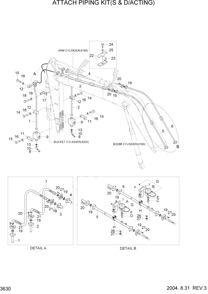 Схема запчастей Hyundai R320LC7 - PAGE 3630 ATTACH PIPING KIT(S & D/ACTING) ГИДРАВЛИЧЕСКАЯ СИСТЕМА