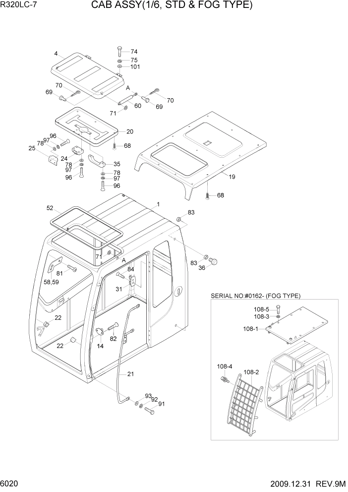 Схема запчастей Hyundai R320LC7 - PAGE 6020 CAB ASSY(1/6, STD & FOG TYPE) СТРУКТУРА