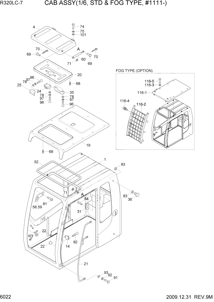 Схема запчастей Hyundai R320LC7 - PAGE 6022 CAB ASSY(1/6, STD & FOG TYPE, #1111-) СТРУКТУРА