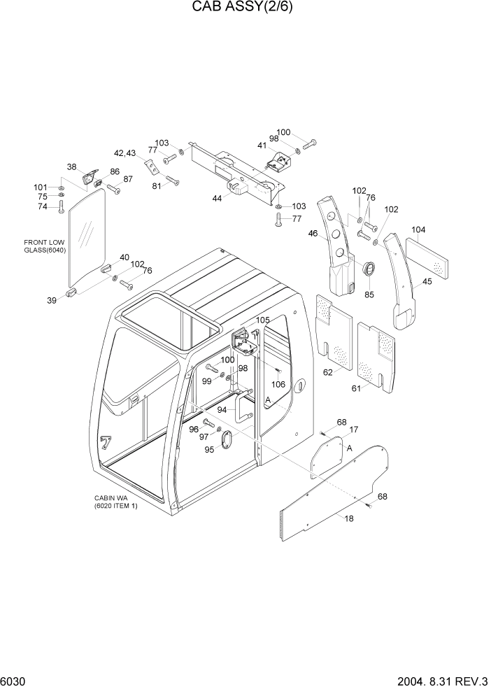 Схема запчастей Hyundai R320LC7 - PAGE 6030 CAB ASSY(2/6) СТРУКТУРА