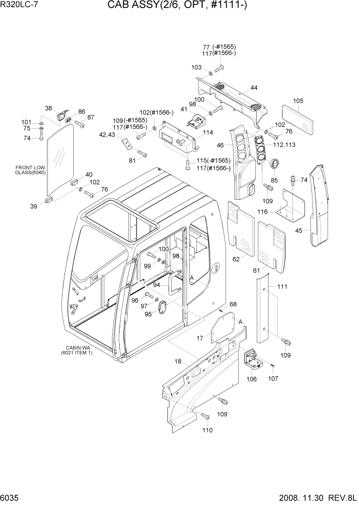 Схема запчастей Hyundai R320LC7 - PAGE 6035 CAB ASSY(2/6, OPT, #1111-) СТРУКТУРА