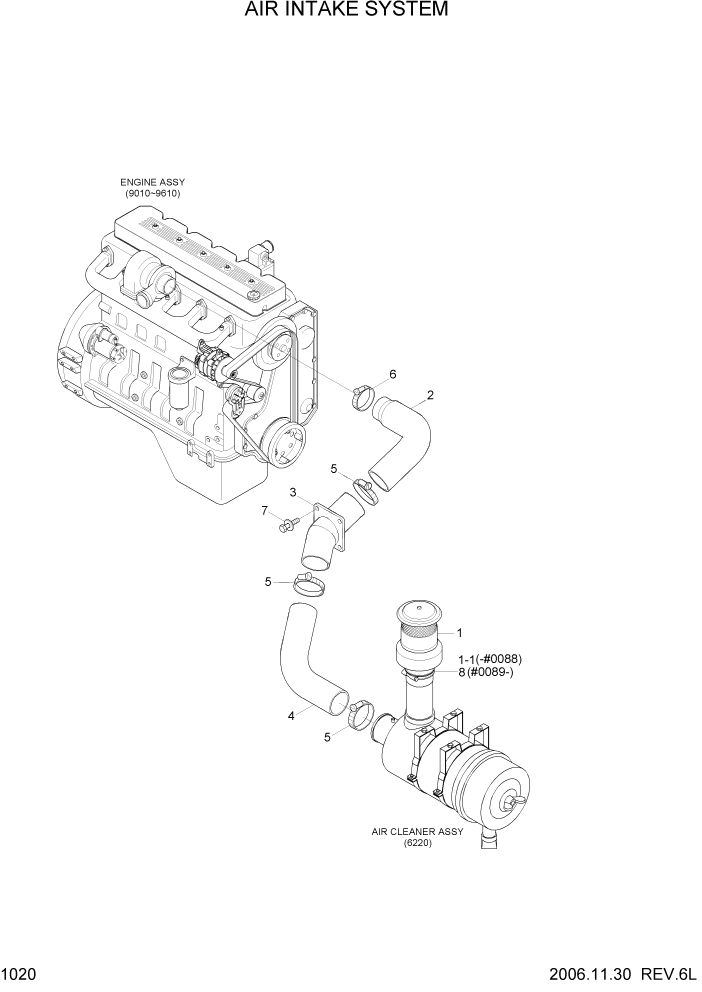 Схема запчастей Hyundai R320LC7A - PAGE 1020 AIR INTAKE SYSTEM СИСТЕМА ДВИГАТЕЛЯ