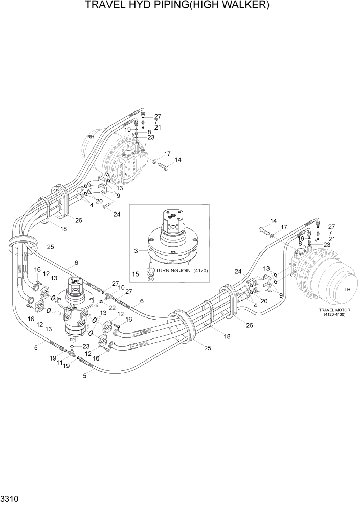 Схема запчастей Hyundai R320LC7A - PAGE 3310 TRAVEL HYD PIPING(HIGH WALKER) ГИДРАВЛИЧЕСКАЯ СИСТЕМА