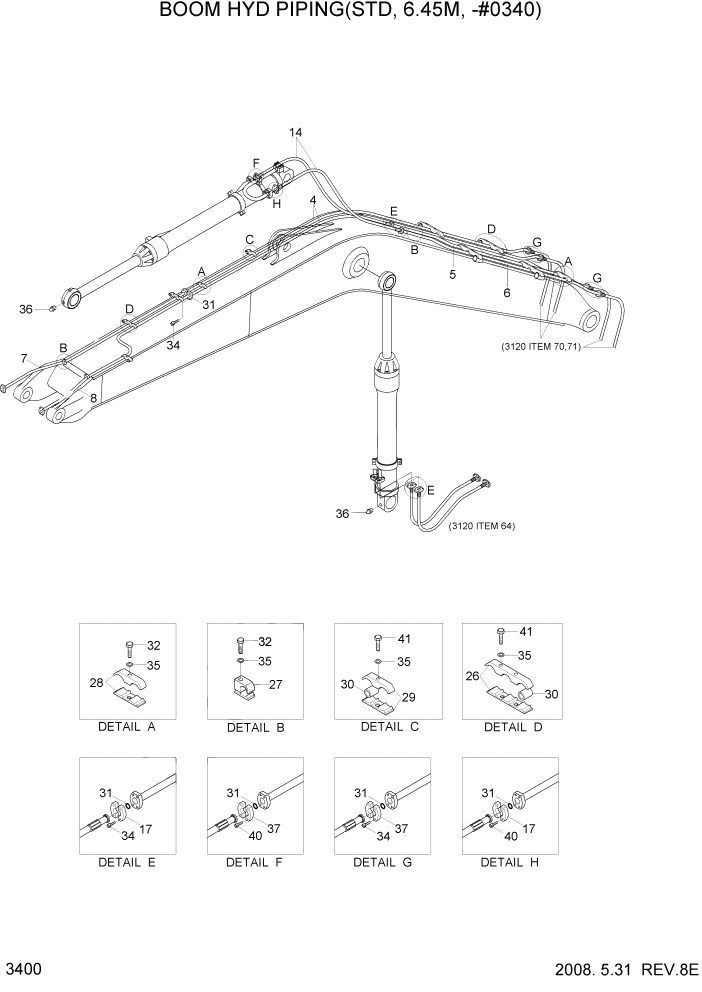 Схема запчастей Hyundai R320LC7A - PAGE 3400 BOOM HYD PIPING(STD, 6.45M, -#0340) ГИДРАВЛИЧЕСКАЯ СИСТЕМА