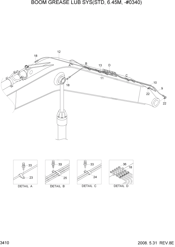 Схема запчастей Hyundai R320LC7A - PAGE 3410 BOOM GREASE LUB SYS(STD, 6.45M, -#0340) ГИДРАВЛИЧЕСКАЯ СИСТЕМА