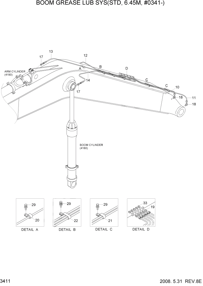 Схема запчастей Hyundai R320LC7A - PAGE 3411 BOOM GREASE LUB SYS(STD, 6.45M, #0341-) ГИДРАВЛИЧЕСКАЯ СИСТЕМА