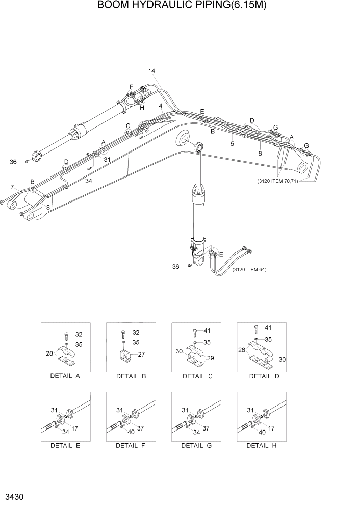 Схема запчастей Hyundai R320LC7A - PAGE 3430 BOOM HYDRAULIC PIPING(6.15M) ГИДРАВЛИЧЕСКАЯ СИСТЕМА