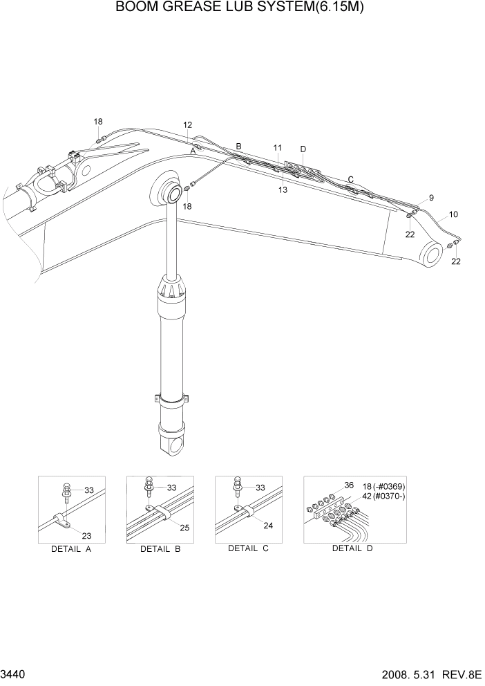 Схема запчастей Hyundai R320LC7A - PAGE 3440 BOOM GREASE LUB SYSTEM(6.15M) ГИДРАВЛИЧЕСКАЯ СИСТЕМА