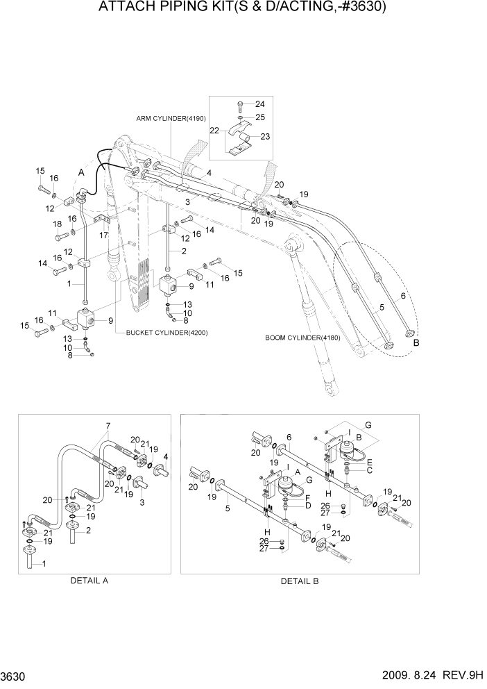 Схема запчастей Hyundai R320LC7A - PAGE 3630 ATTACH PIPING KIT(S & D/ACTING, -#0546) ГИДРАВЛИЧЕСКАЯ СИСТЕМА