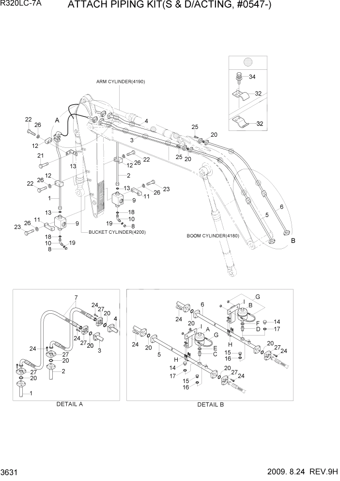 Схема запчастей Hyundai R320LC7A - PAGE 3631 ATTACH PIPING KIT(S & D/ACTING, #0547-) ГИДРАВЛИЧЕСКАЯ СИСТЕМА