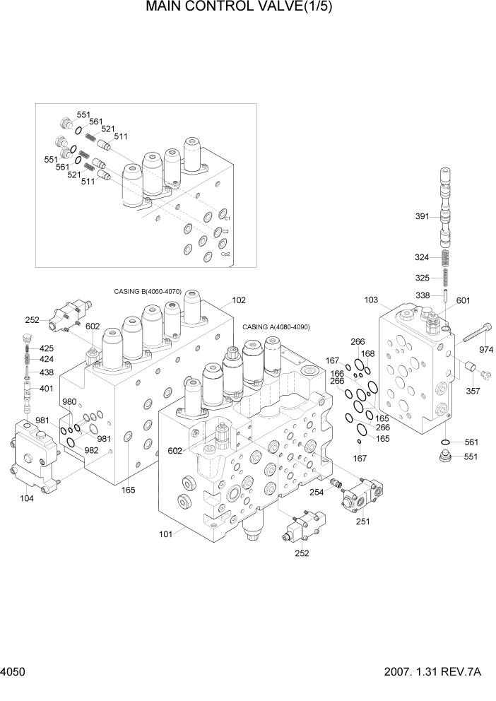 Схема запчастей Hyundai R320LC7A - PAGE 4050 MAIN CONTROL VALVE(1/5) ГИДРАВЛИЧЕСКИЕ КОМПОНЕНТЫ