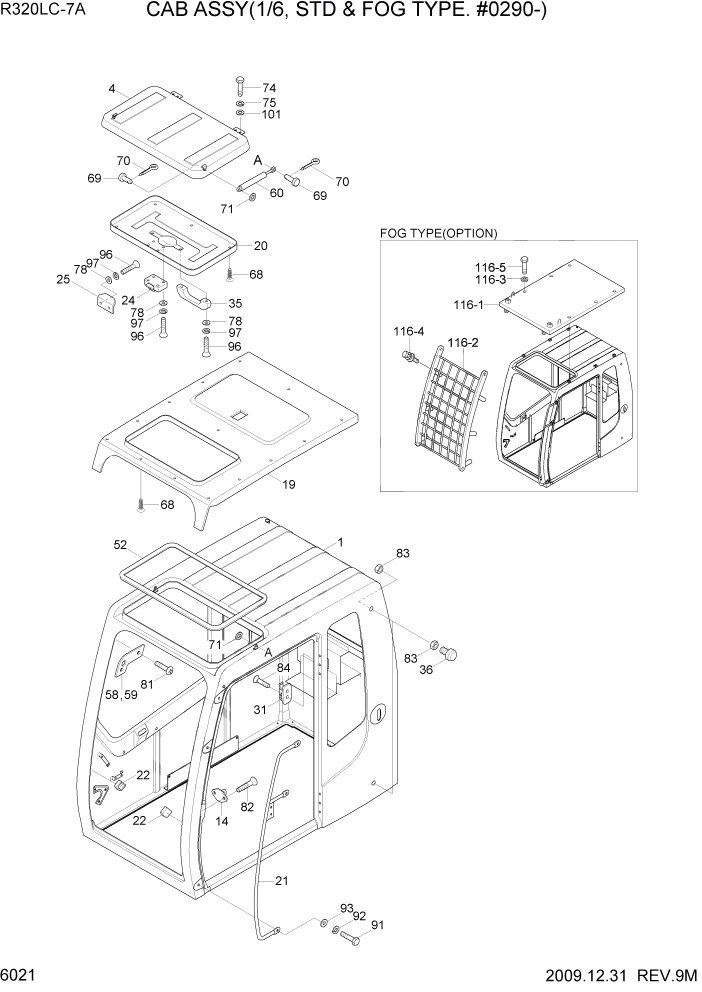 Схема запчастей Hyundai R320LC7A - PAGE 6021 CAB ASSY(1/6, STD & FOG TYPE, #0290-) СТРУКТУРА