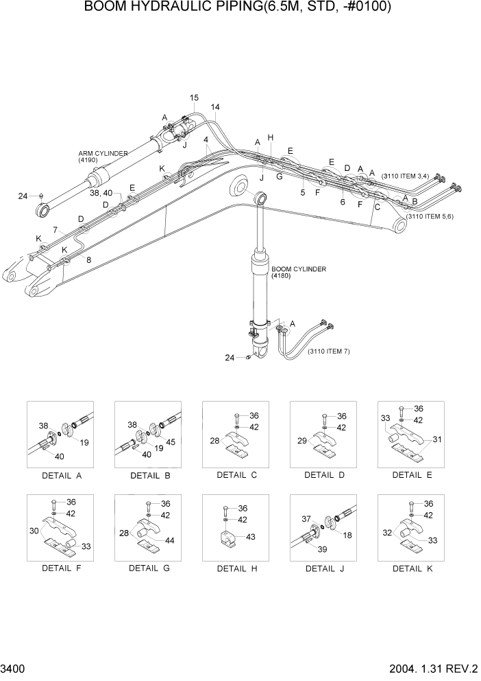 Схема запчастей Hyundai R360LC7 - PAGE 3400 BOOM HYDRAULIC PIPING(6.5M, STD, -#0100) ГИДРАВЛИЧЕСКАЯ СИСТЕМА