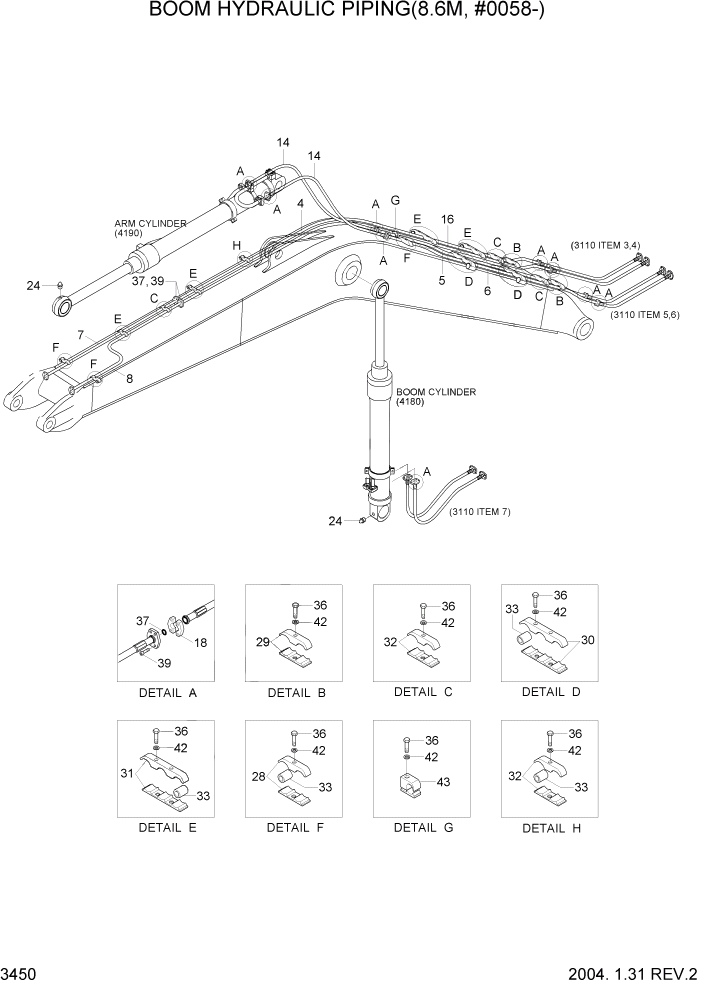 Схема запчастей Hyundai R360LC7 - PAGE 3450 BOOM HYDRAULIC PIPING(8.6M, #0058-) ГИДРАВЛИЧЕСКАЯ СИСТЕМА