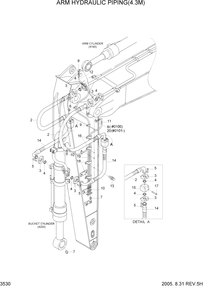 Схема запчастей Hyundai R360LC7 - PAGE 3530 ARM HYDRAULIC PIPING(4.3M) ГИДРАВЛИЧЕСКАЯ СИСТЕМА