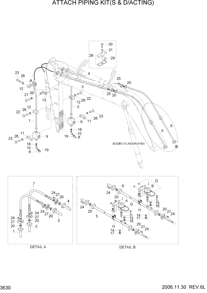 Схема запчастей Hyundai R360LC7 - PAGE 3630 ATTACH PIPING KIT(S & D/ACTING) ГИДРАВЛИЧЕСКАЯ СИСТЕМА