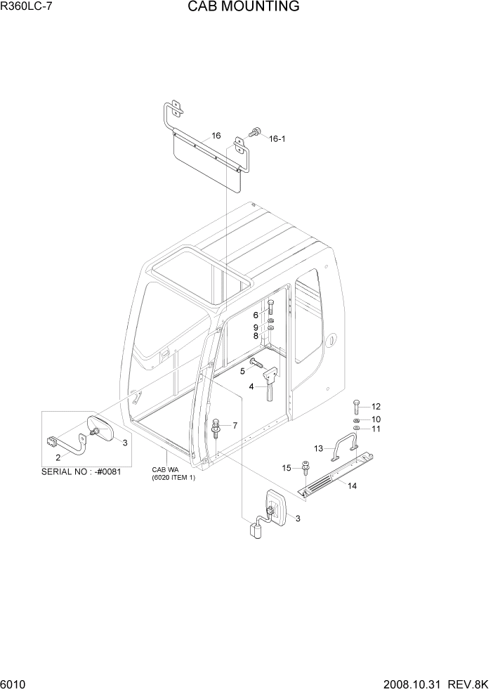 Схема запчастей Hyundai R360LC7 - PAGE 6010 CAB MOUNTING СТРУКТУРА