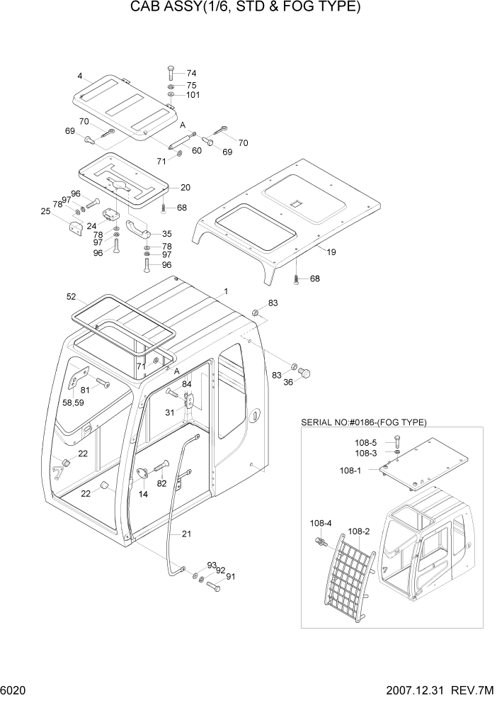 Схема запчастей Hyundai R360LC7 - PAGE 6020 CAB ASSY(1/6, STD & FOG TYPE) СТРУКТУРА