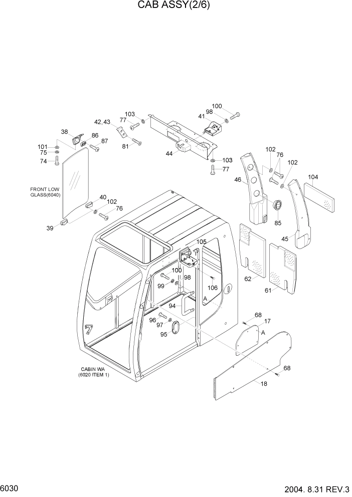 Схема запчастей Hyundai R360LC7 - PAGE 6030 CAB ASSY(2/6) СТРУКТУРА