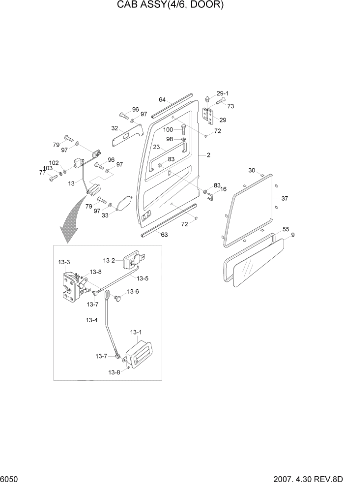 Схема запчастей Hyundai R360LC7 - PAGE 6050 CAB ASSY(4/6, DOOR) СТРУКТУРА