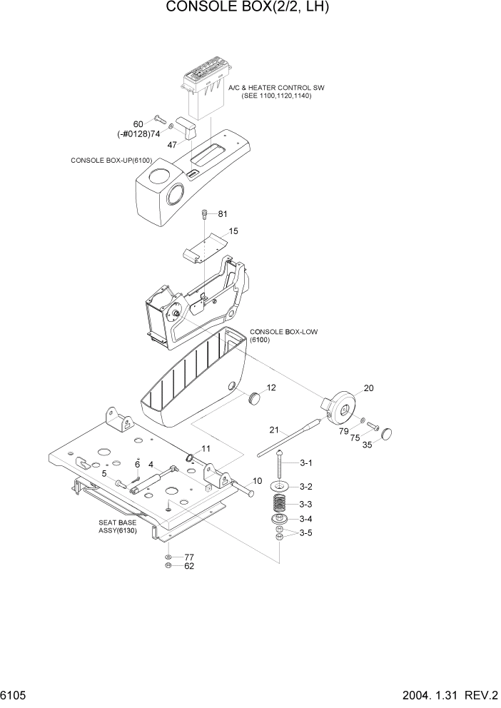 Схема запчастей Hyundai R360LC7 - PAGE 6105 CONSOLE BOX(2/2, LH) СТРУКТУРА