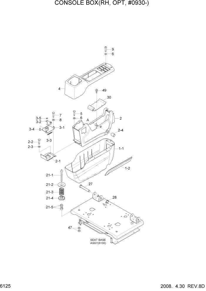 Схема запчастей Hyundai R360LC7 - PAGE 6125 CONSOLE BOX(RH, OPT, #0930-) СТРУКТУРА