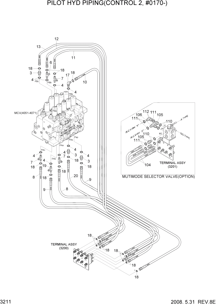 Схема запчастей Hyundai R360LC7A - PAGE 3211 PILOT HYD PIPING(CONTROL 2, #0170-) ГИДРАВЛИЧЕСКАЯ СИСТЕМА