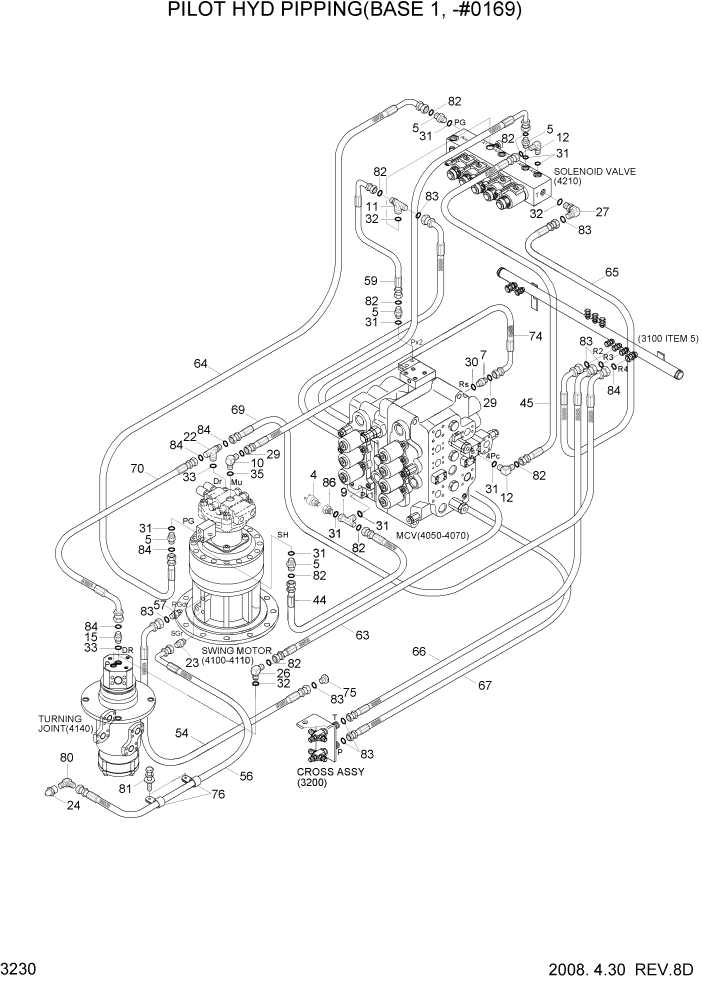 Схема запчастей Hyundai R360LC7A - PAGE 3230 PILOT HYD PIPING(BASE 1, -#0169) ГИДРАВЛИЧЕСКАЯ СИСТЕМА