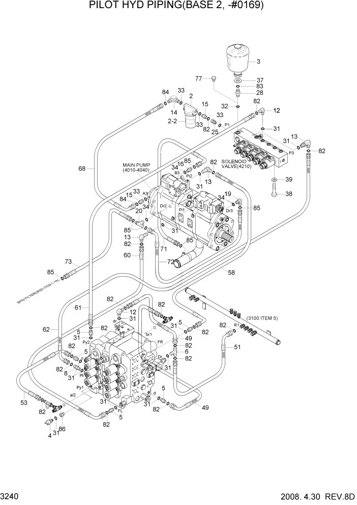 Схема запчастей Hyundai R360LC7A - PAGE 3240 PILOT HYD PIPING(BASE 2, -#0169) ГИДРАВЛИЧЕСКАЯ СИСТЕМА