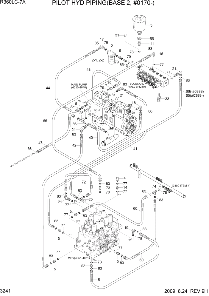 Схема запчастей Hyundai R360LC7A - PAGE 3241 PILOT HYD PIPING(BASE 2, #0170) ГИДРАВЛИЧЕСКАЯ СИСТЕМА