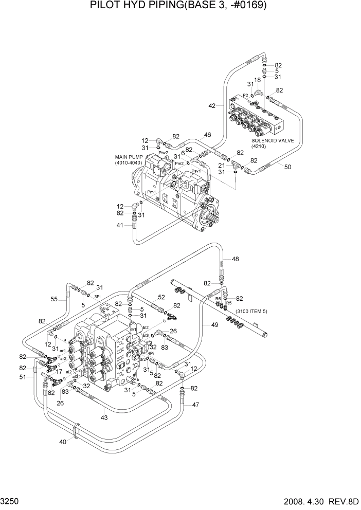 Схема запчастей Hyundai R360LC7A - PAGE 3250 PILOT HYD PIPING(BASE 3, -#0169) ГИДРАВЛИЧЕСКАЯ СИСТЕМА