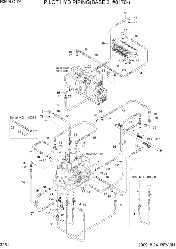 Схема запчастей Hyundai R360LC7A - PAGE 3251 PILOT HYD PIPING(BASE 3, #0170-) ГИДРАВЛИЧЕСКАЯ СИСТЕМА