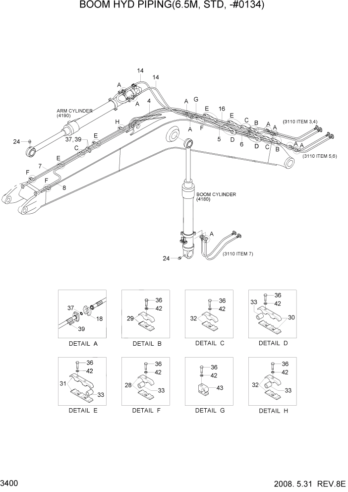 Схема запчастей Hyundai R360LC7A - PAGE 3400 BOOM HYD PIPING(6.5M, STD, -#0134) ГИДРАВЛИЧЕСКАЯ СИСТЕМА