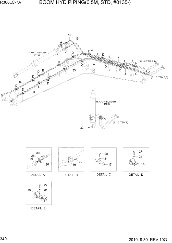 Схема запчастей Hyundai R360LC7A - PAGE 3401 BOOM HYD PIPING(6.5M, STD, #0135-) ГИДРАВЛИЧЕСКАЯ СИСТЕМА