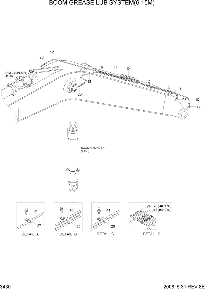 Схема запчастей Hyundai R360LC7A - PAGE 3430 BOOM GREASE LUB SYSTEM(6.15M) ГИДРАВЛИЧЕСКАЯ СИСТЕМА