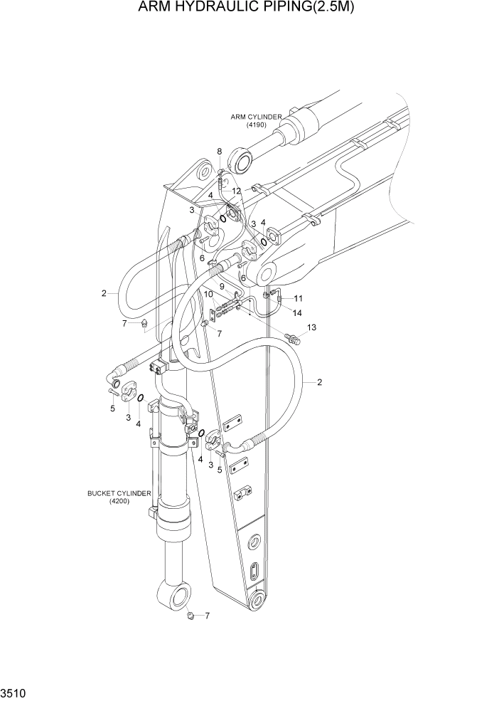 Схема запчастей Hyundai R360LC7A - PAGE 3510 ARM HYDRAULIC PIPING(2.5M) ГИДРАВЛИЧЕСКАЯ СИСТЕМА