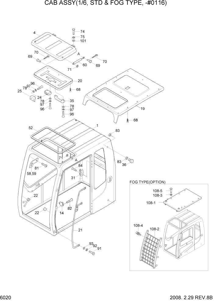 Схема запчастей Hyundai R360LC7A - PAGE 6020 CAB ASSY(1/6, STD & FOG TYPE, -#0116) СТРУКТУРА