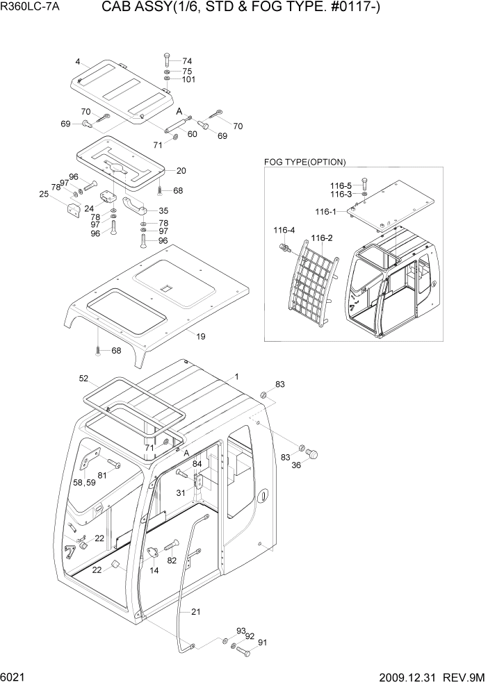 Схема запчастей Hyundai R360LC7A - PAGE 6021 CAB ASSY(1/6, STD & FOG TYPE, #0117-) СТРУКТУРА