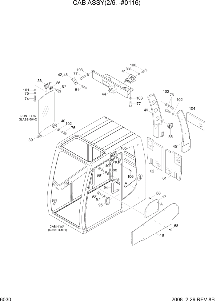 Схема запчастей Hyundai R360LC7A - PAGE 6030 CAB ASSY(2/6, -#0116) СТРУКТУРА