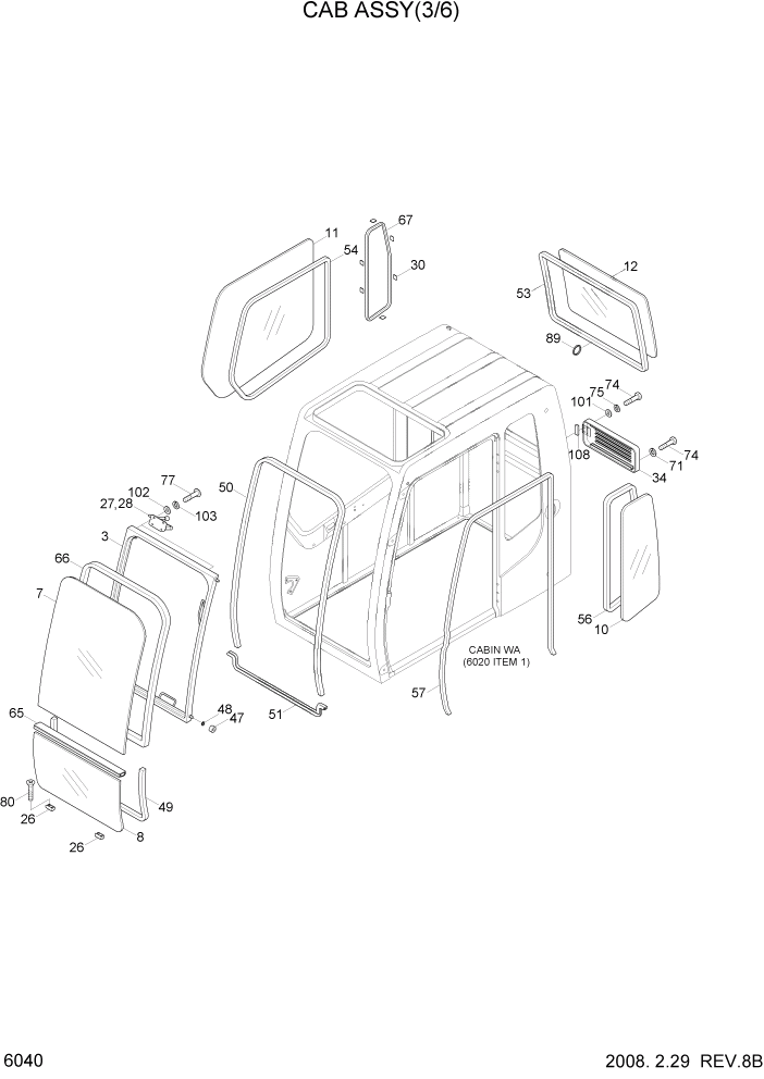 Схема запчастей Hyundai R360LC7A - PAGE 6040 CAB ASSY(3/6) СТРУКТУРА