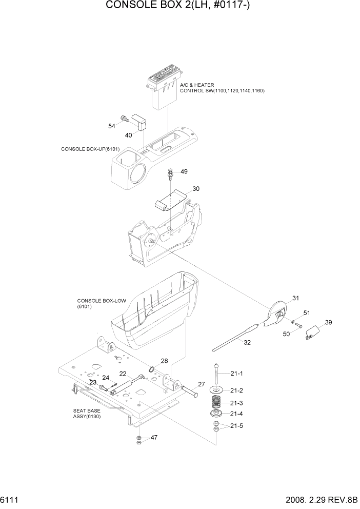 Схема запчастей Hyundai R360LC7A - PAGE 6111 CONSOLE BOX 2(LH, #0117-) СТРУКТУРА