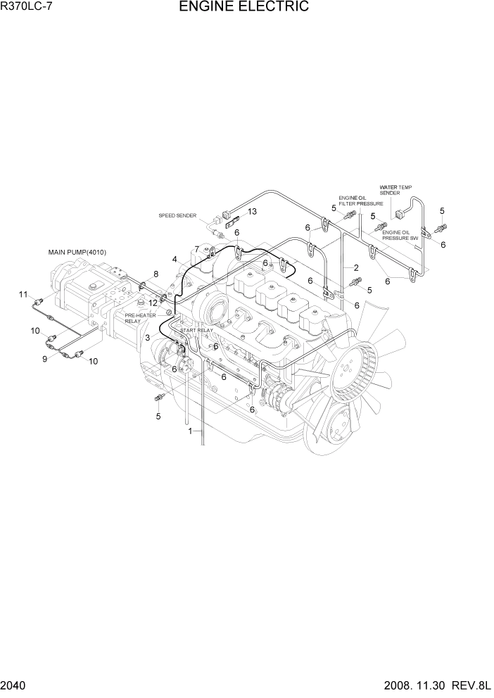 Схема запчастей Hyundai R370LC7 - PAGE 2040 ENGINE ELECTRIC ЭЛЕКТРИЧЕСКАЯ СИСТЕМА