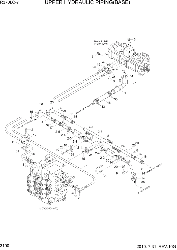 Схема запчастей Hyundai R370LC7 - PAGE 3100 UPPER HYDRAULIC PIPING(BASE) ГИДРАВЛИЧЕСКАЯ СИСТЕМА