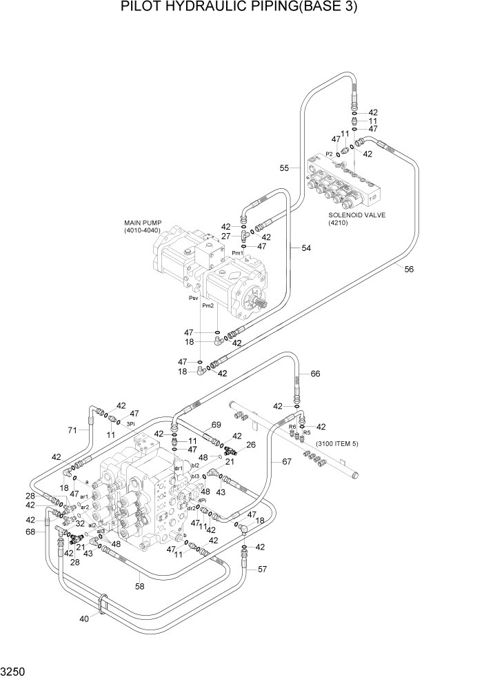 Схема запчастей Hyundai R370LC7 - PAGE 3250 PILOT HYDRAULIC PIPING(BASE 3) ГИДРАВЛИЧЕСКАЯ СИСТЕМА