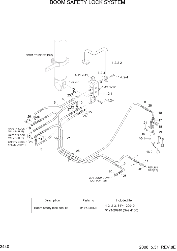 Схема запчастей Hyundai R370LC7 - PAGE 3440 BOOM SAFETY LOCK SYSTEM ГИДРАВЛИЧЕСКАЯ СИСТЕМА