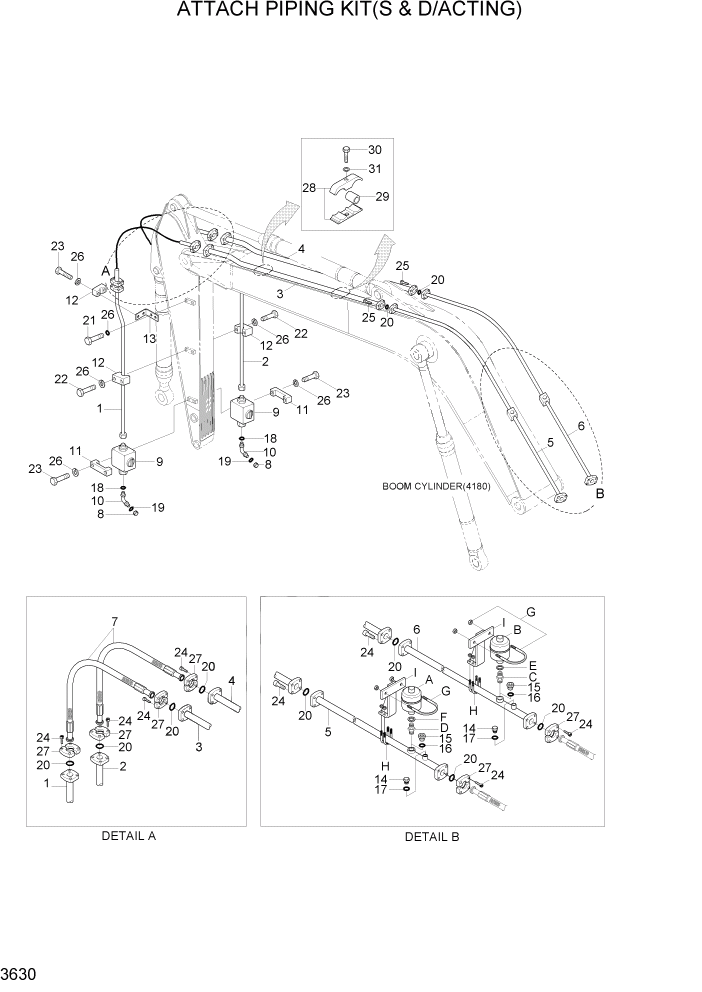 Схема запчастей Hyundai R370LC7 - PAGE 3630 ATTACH PIPING KIT(S & D/ACTING) ГИДРАВЛИЧЕСКАЯ СИСТЕМА