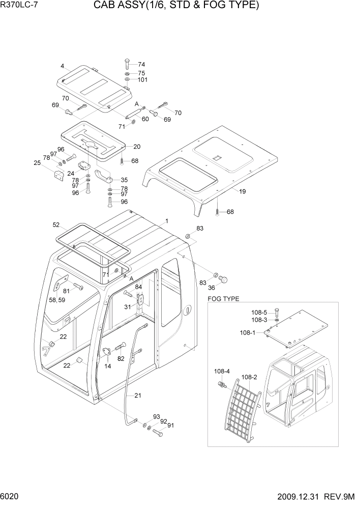 Схема запчастей Hyundai R370LC7 - PAGE 6020 CAB ASSY(1/6, STD & FOG TYPE) СТРУКТУРА