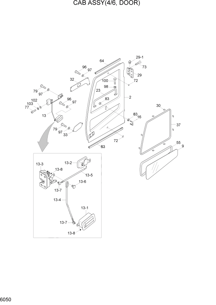 Схема запчастей Hyundai R370LC7 - PAGE 6050 CAB ASSY(4/6, DOOR) СТРУКТУРА